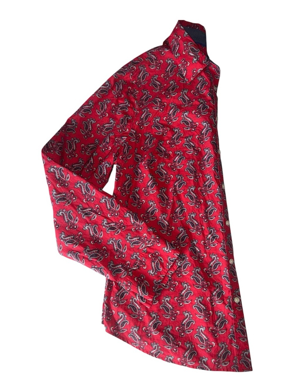 Talbots Size 14 Red Paisley Cotton Button Front Long Sleeve Shirt Blouse Classic - Picture 3 of 9